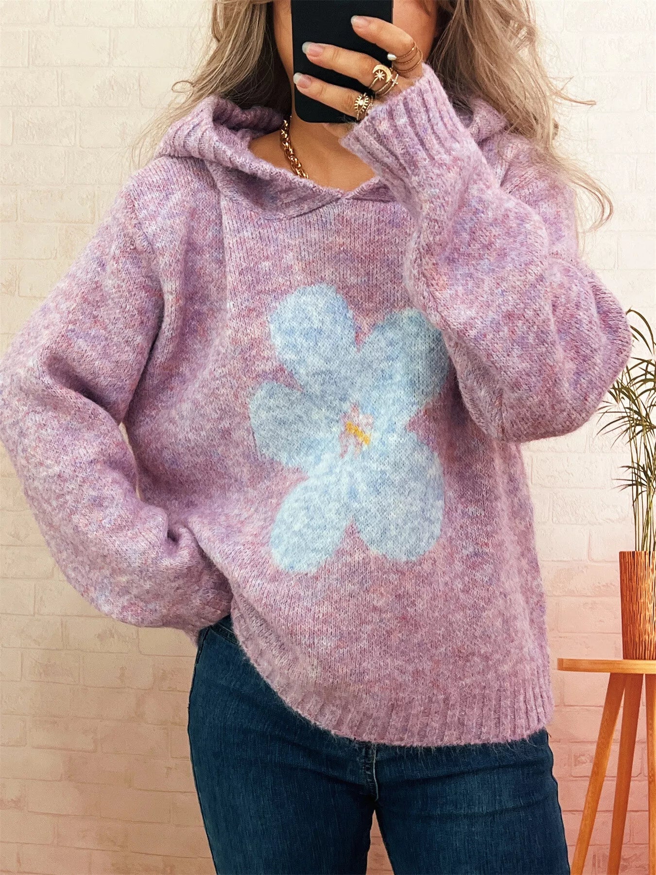 Flower Long Sleeve Hooded Sweater - Tigbul's Variety Fashion Shop