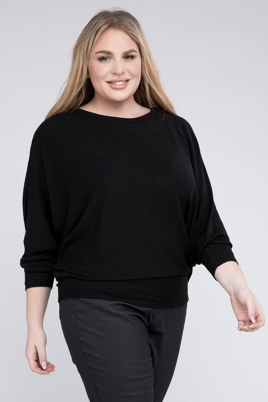 Plus Ribbed Batwing Long Sleeve Boat Neck Sweater - Tigbul's Variety Fashion Shop