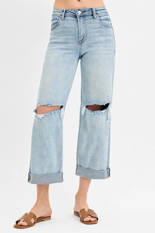 RISEN Full Size Mid Rise Fit Boyfriend Jeans with Cuff Plus Size - Tigbul's Variety Fashion Shop