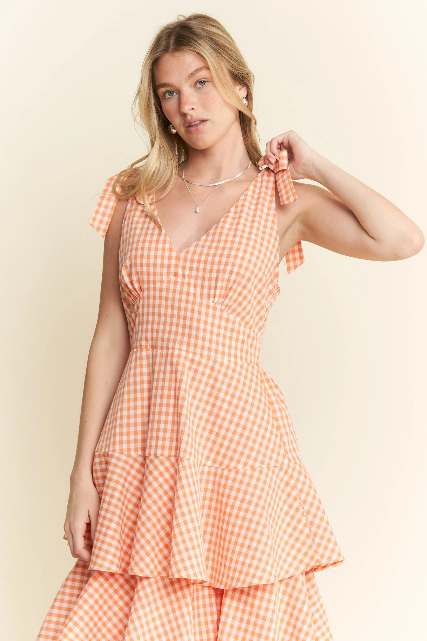 Orange Sleeveless Gingham Print Tiered Midi Dress - Tigbul's Variety Fashion Shop