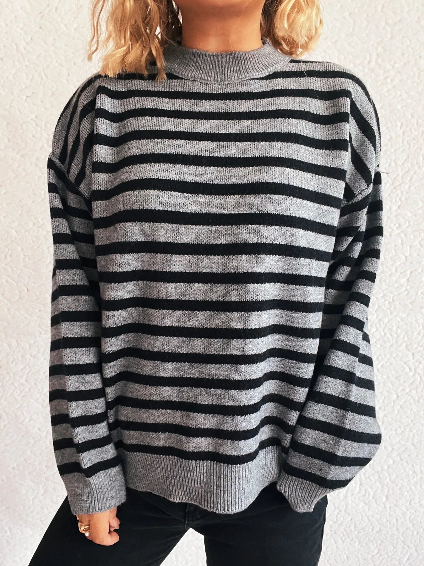 Striped Mock Neck Long Sleeve Sweater - Tigbul's Variety Fashion Shop