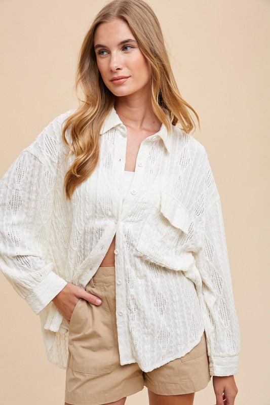 Ivory Openwork Button Down Drop Shoulder Shirt - Tigbul's Variety Fashion Shop