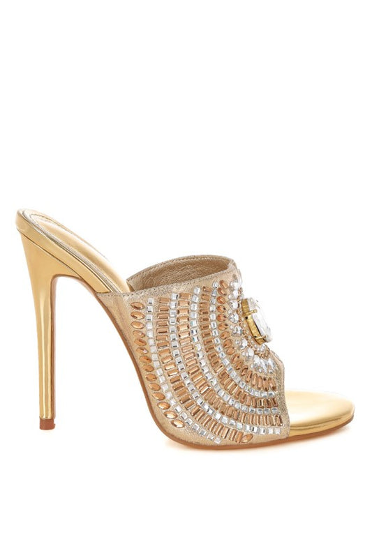 Embellished Gold Metallic Slip On Open Toe Stiletto Heel Shoes - Tigbul's Variety Fashion Shop