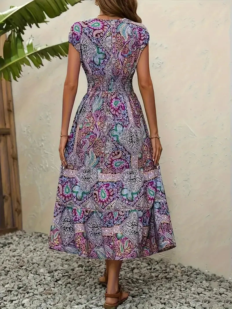 Plus Size Printed V-Neck Short Sleeve Midi Dress - Tigbul's Variety Fashion Shop