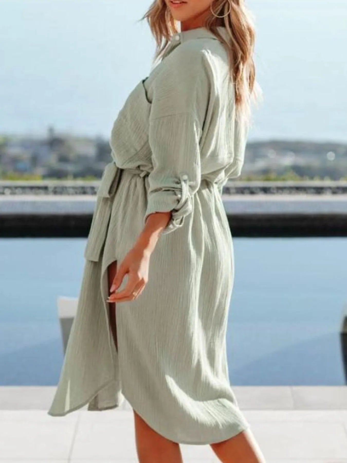 Button Down Tie Waist Shirt Dress - Tigbul's Variety Fashion Shop