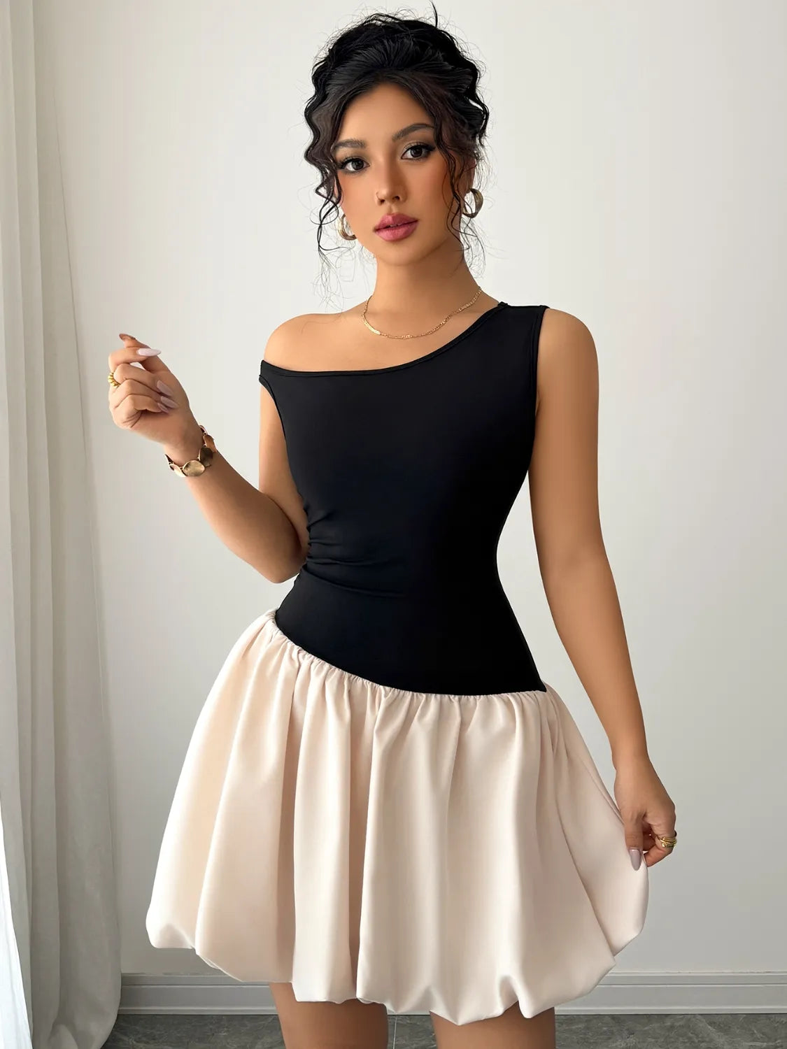Contrast Single Shoulder Mini Tank Dress - Tigbul's Variety Fashion Shop
