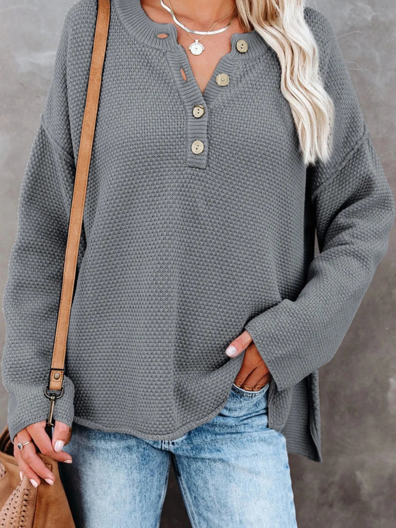Button Detail Long Sleeve Knit Top - Tigbul's Variety Fashion Shop