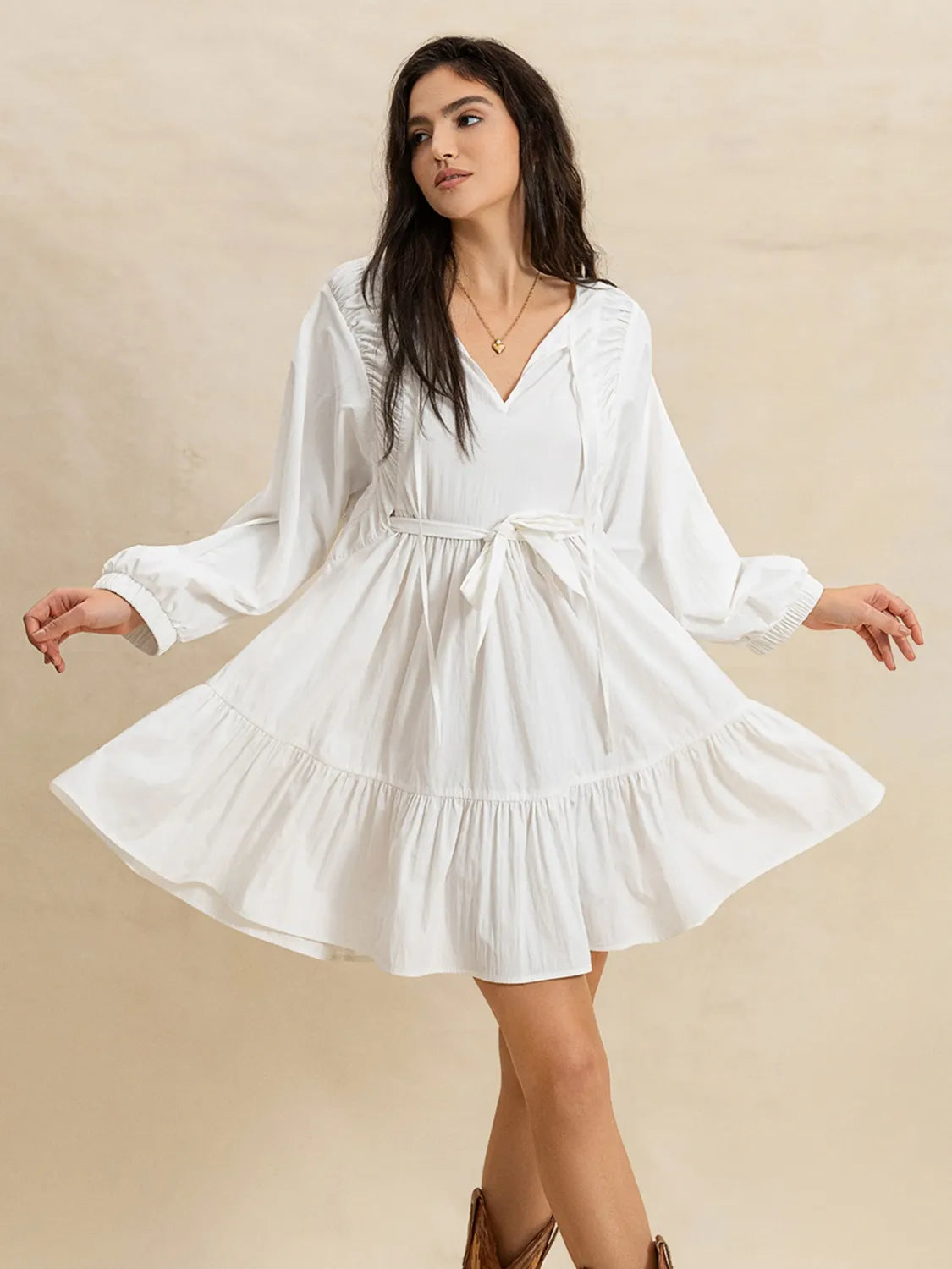 Tiered Tie Neck Long Sleeve White Mini Dress - Tigbul's Variety Fashion Shop