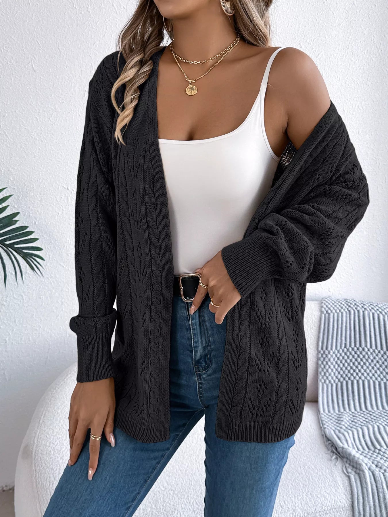 Openwork Open Front Long Sleeve Cardigan - Tigbul's Variety Fashion Shop