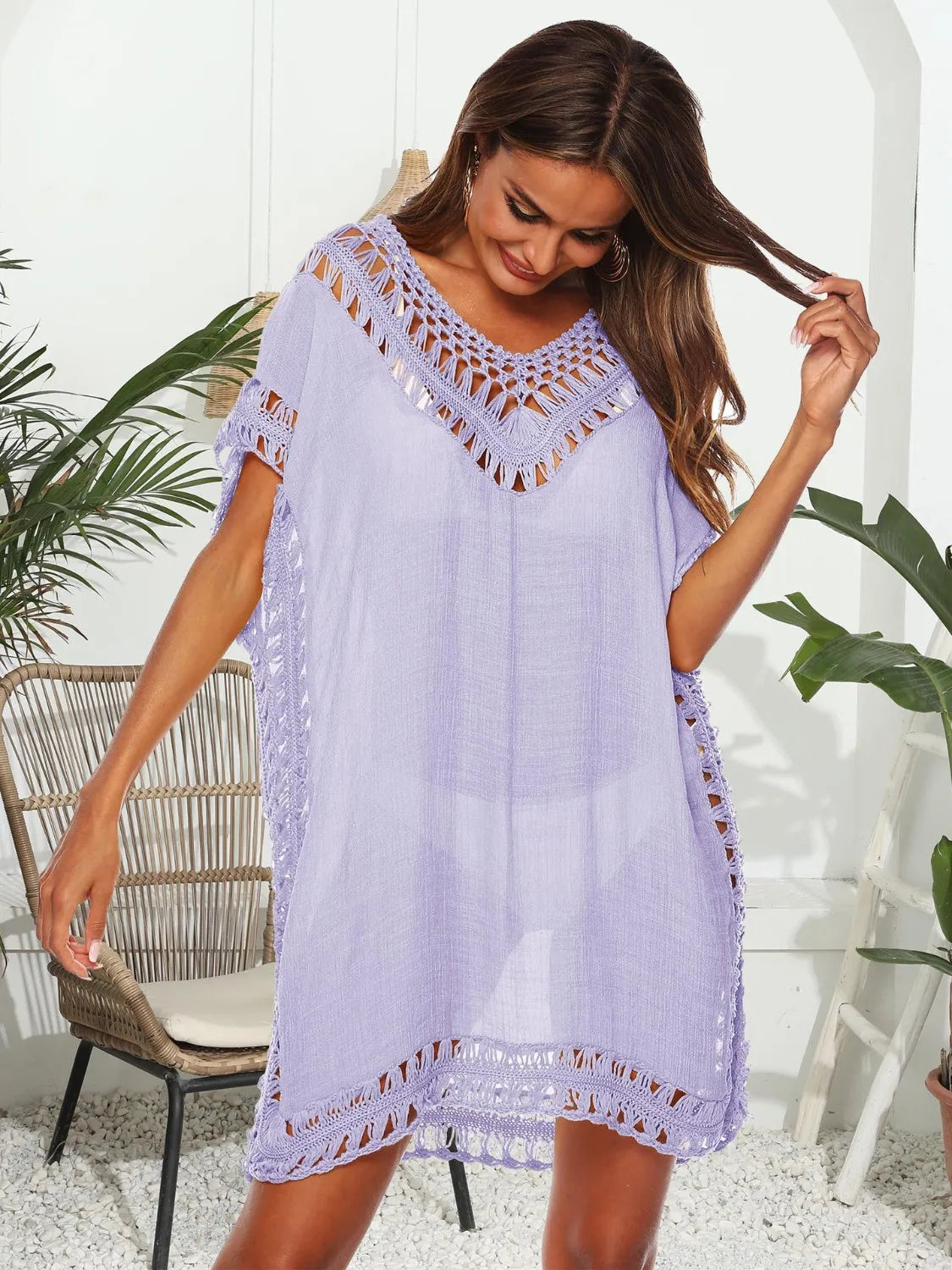 Bohemian Crochet Trim Beach Cover Up Dress - Tigbul's Variety Fashion Shop