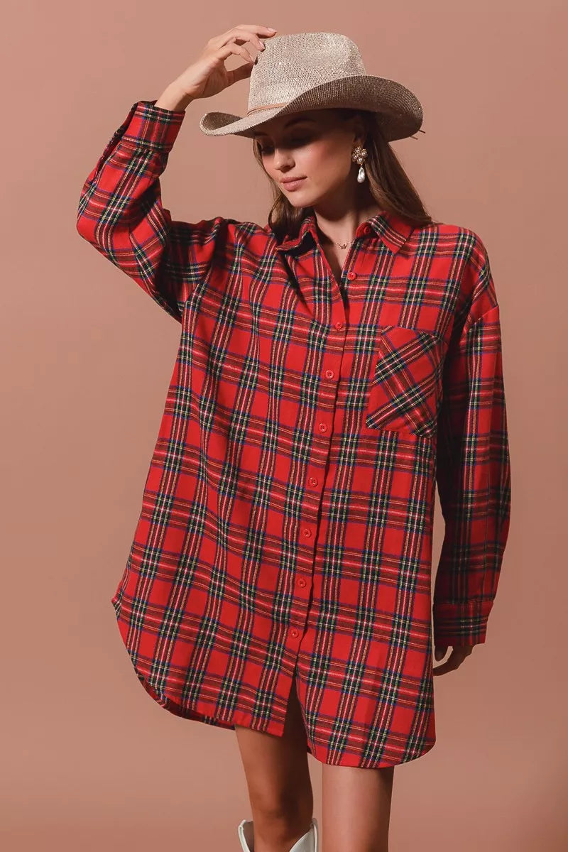 SO ME Christmas Checker Plaid Button Up Shirt Dress - Tigbul's Variety Fashion Shop