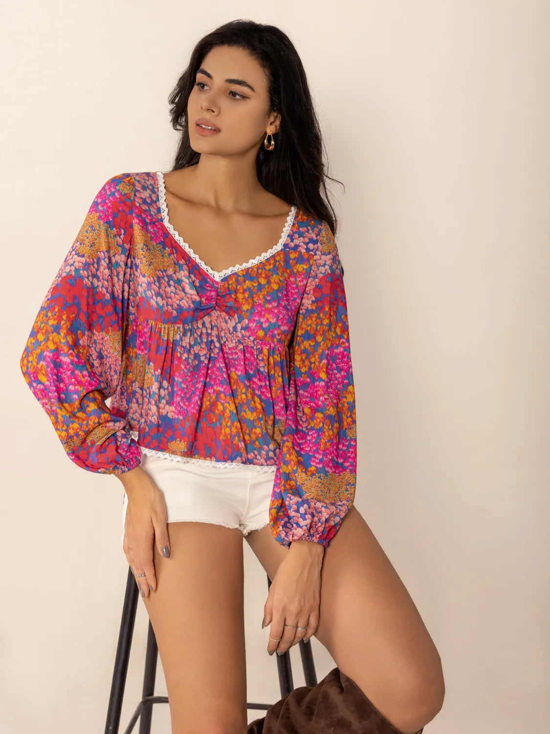Lace Detail Printed Balloon Sleeve Top - Tigbul's Variety Fashion Shop