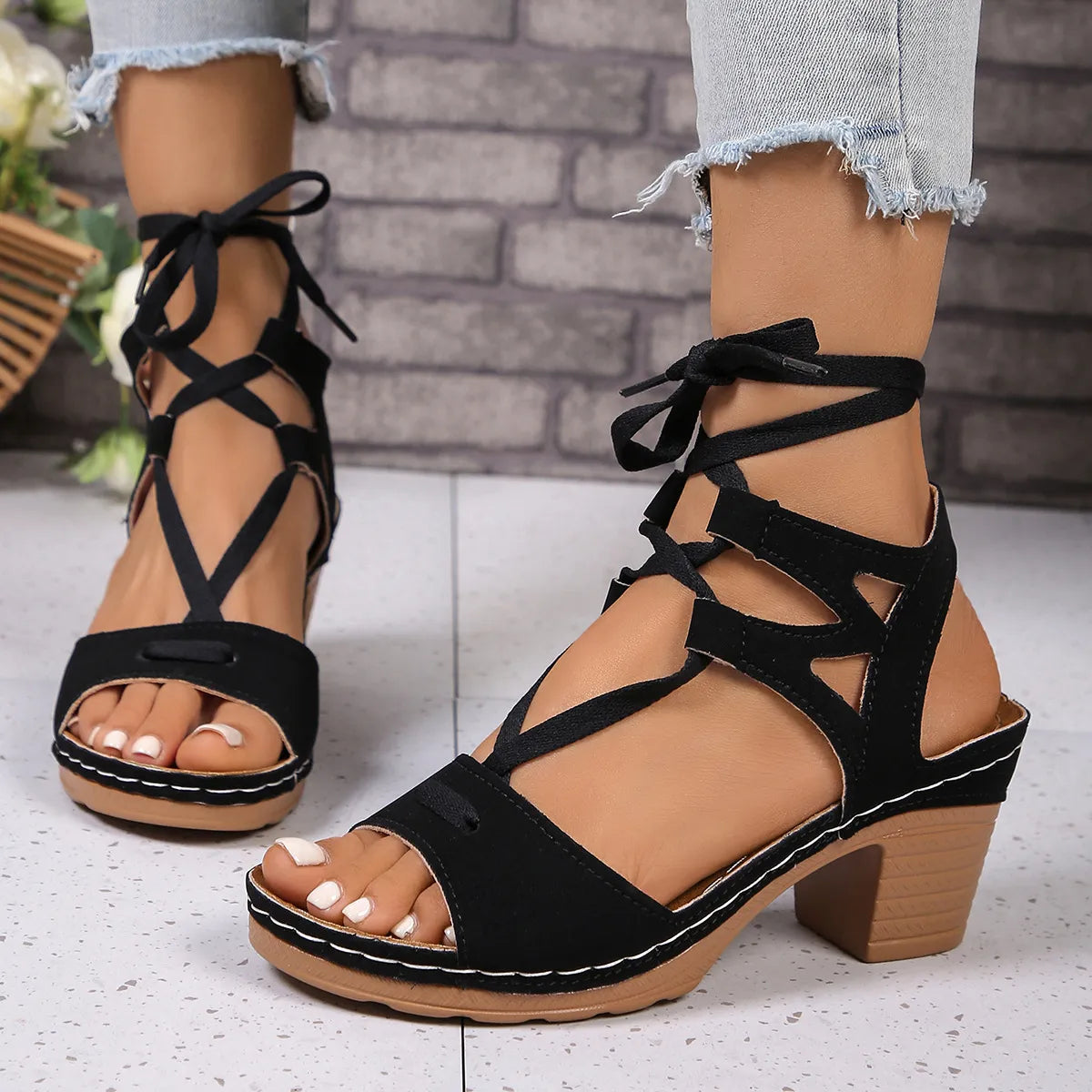 Lace-Up Block Heel Sandals - Tigbul's Variety Fashion Shop