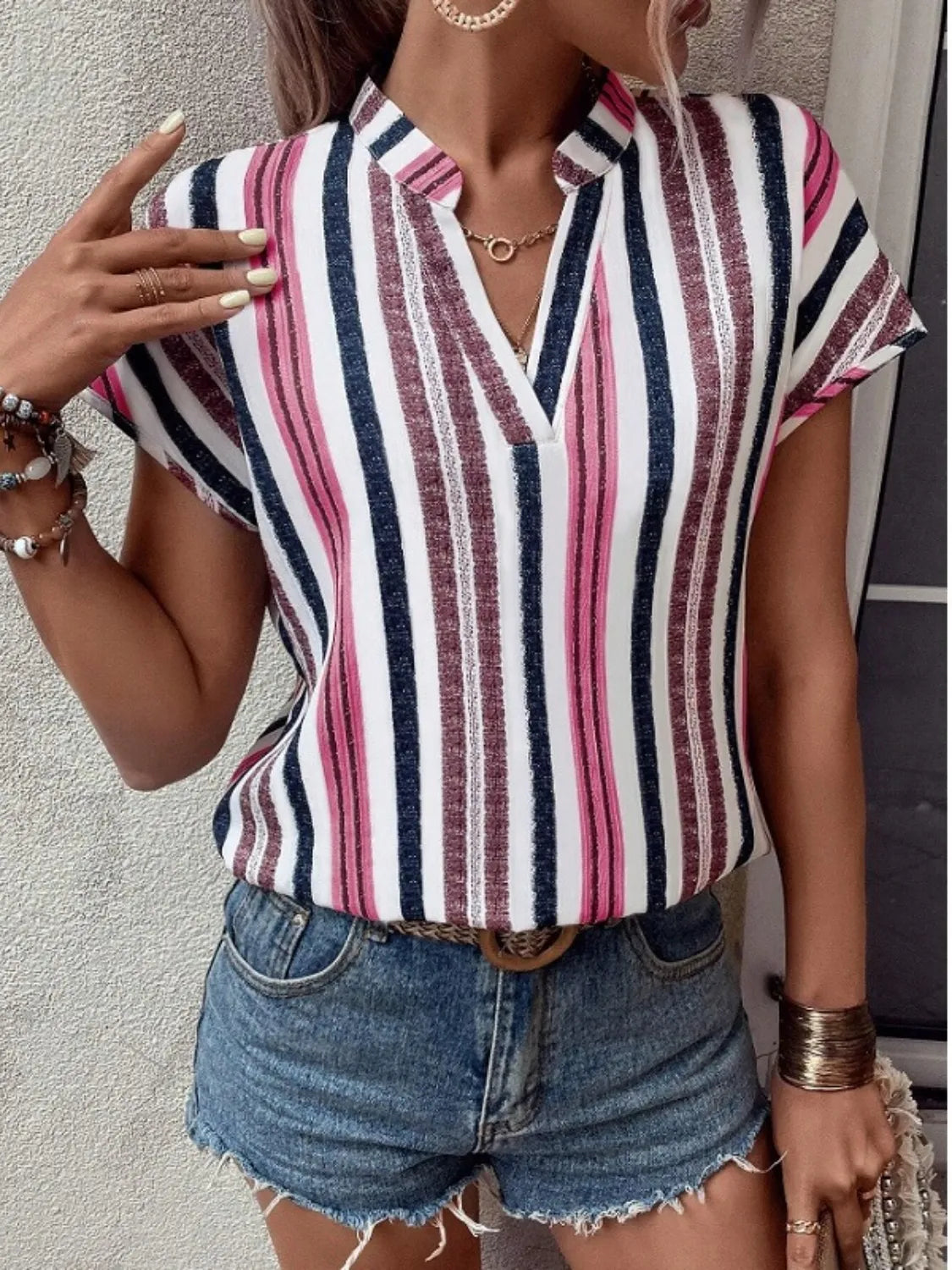 Striped Notched Short Sleeve Shirt - Tigbul's Variety Fashion Shop