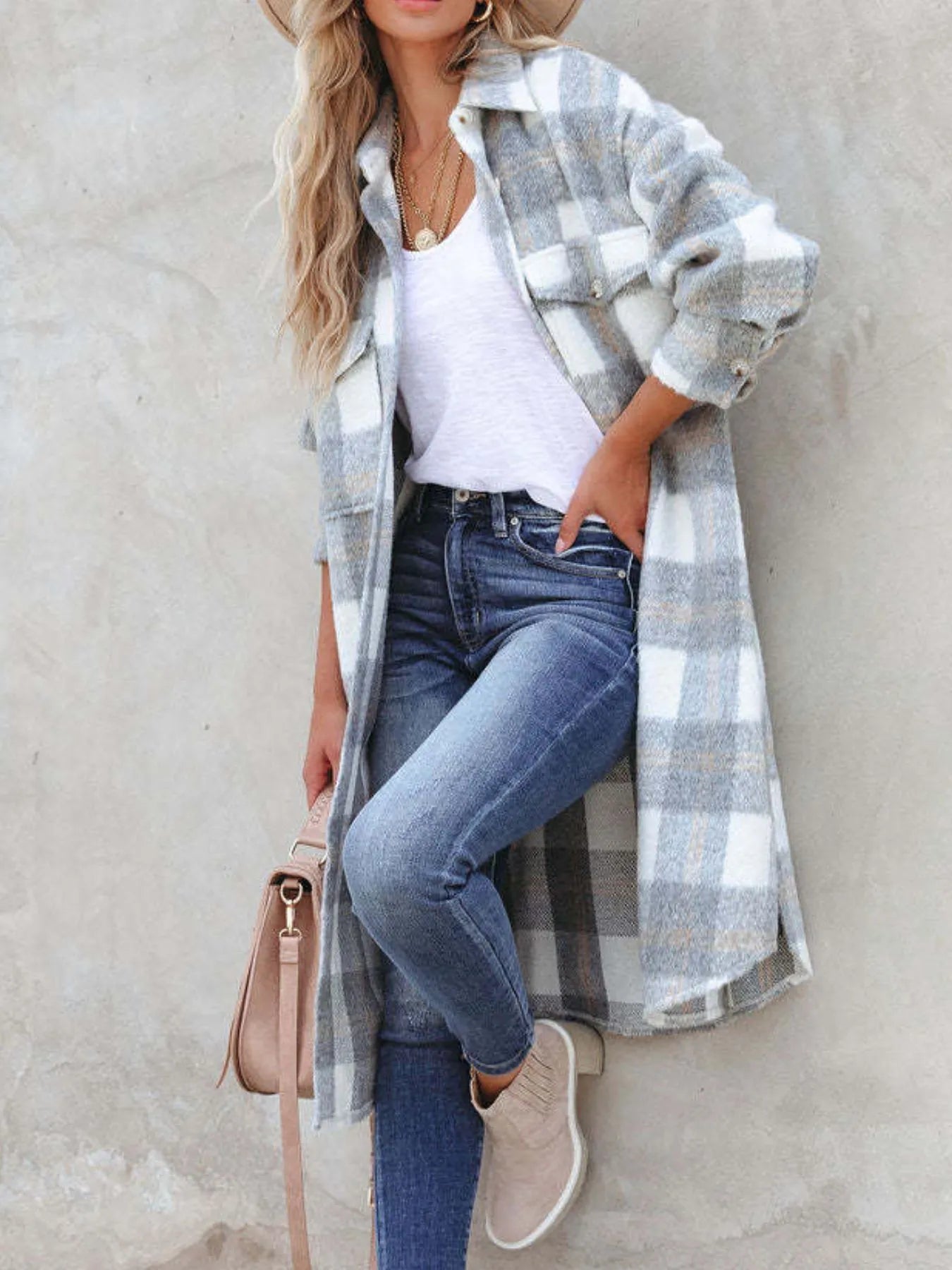 Oversized Plaid Button Up Longline Jacket - Tigbul's Variety Fashion Shop