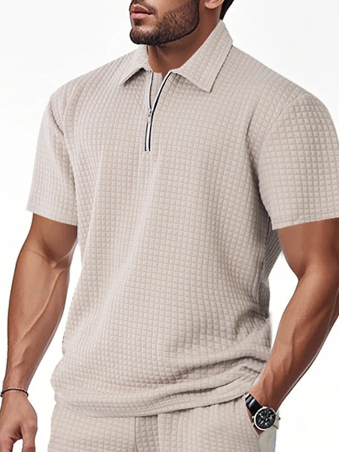 Men's Full Size Waffle Short Sleeve Polo with Zipper Detail Plus Size - Tigbul's Variety Fashion Shop