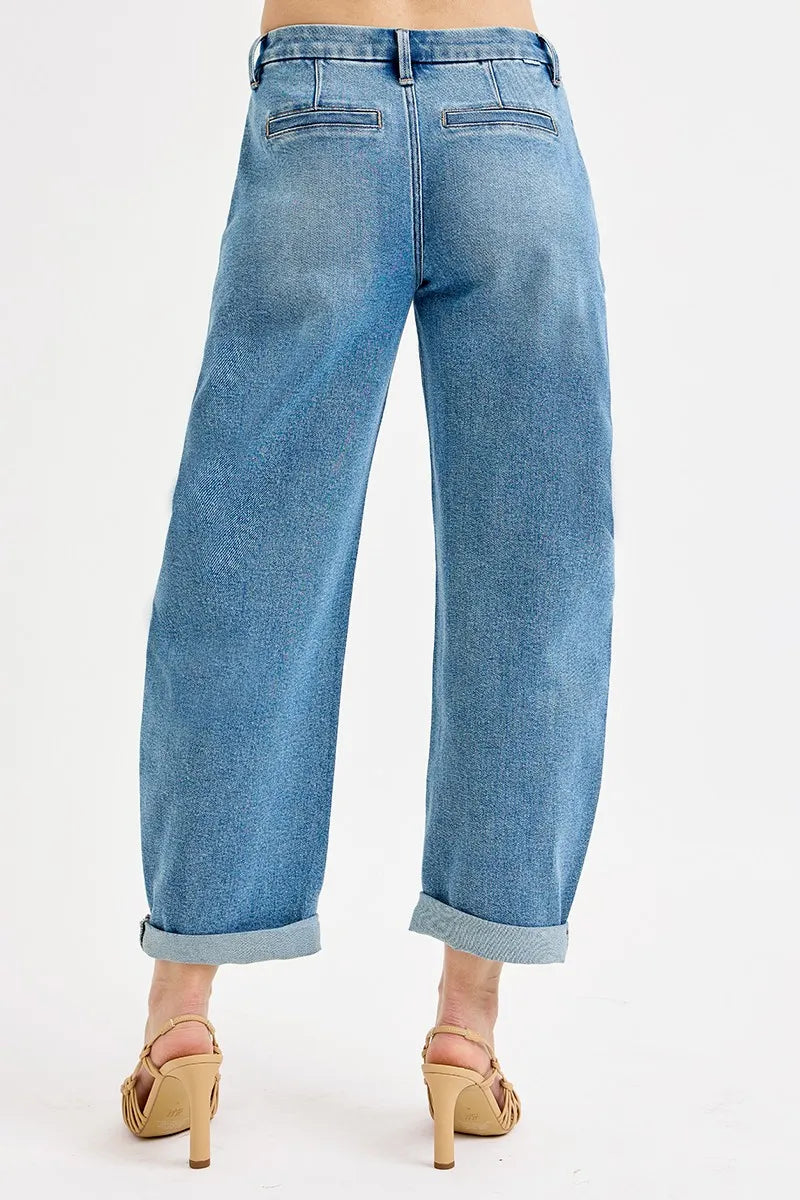 RISEN Full Size Mid Rise Fit Barrel Roll Up Jeans Plus Size - Tigbul's Variety Fashion Shop