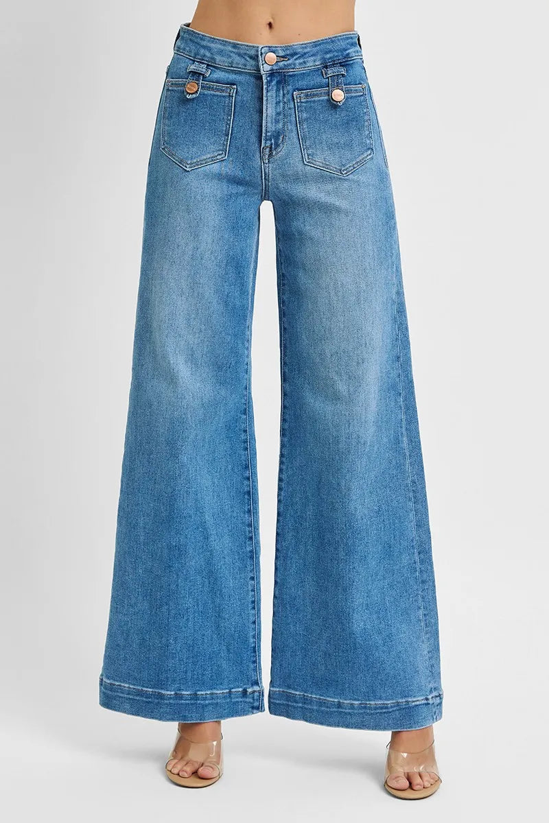 RISEN Full Size Mid Rise Wide Front Patch Pocket Jeans Plus Size - Tigbul's Variety Fashion Shop