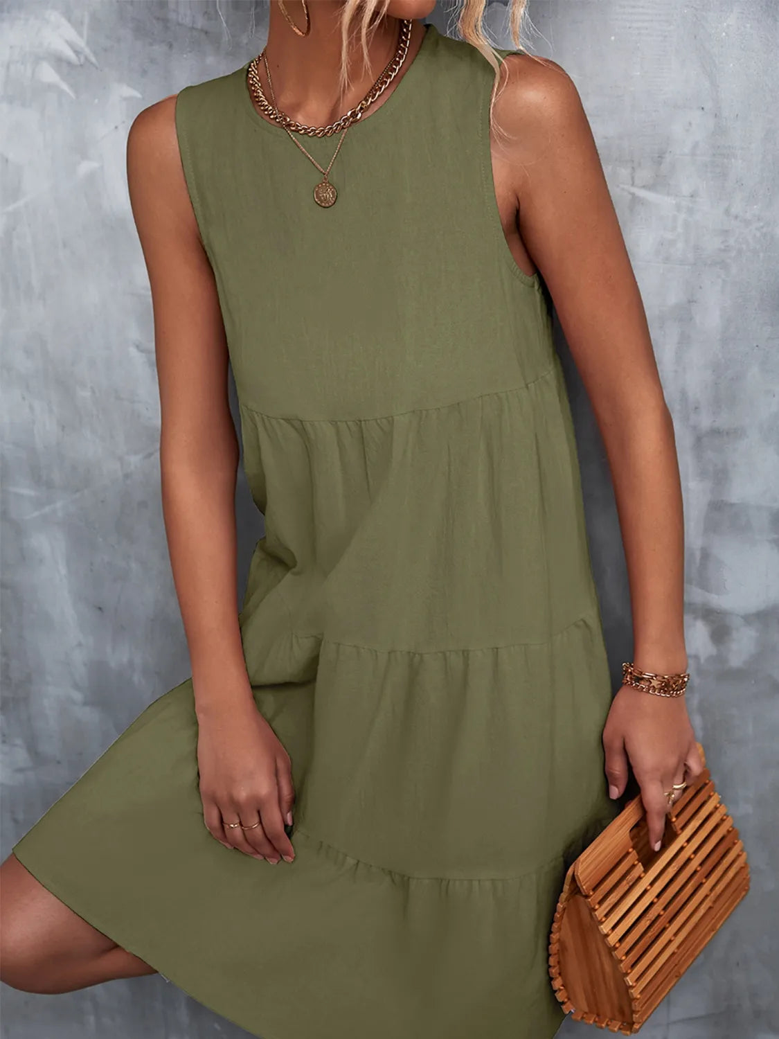 Tiered Round Neck Sleeveless Mini Tank Dress - Tigbul's Variety Fashion Shop