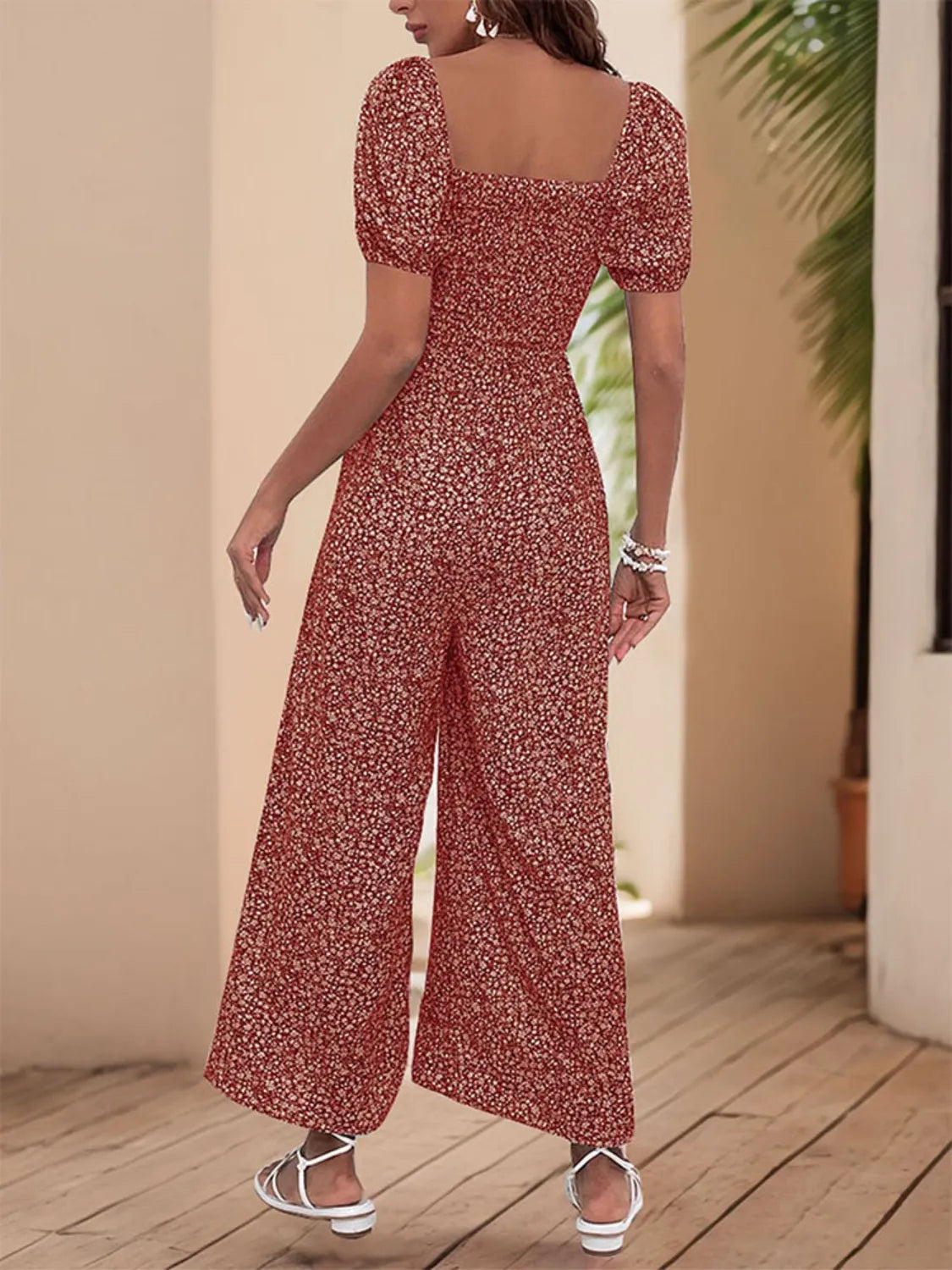 Printed Square Neck Puff Sleeve Jumpsuit - Tigbul's Variety Fashion Shop