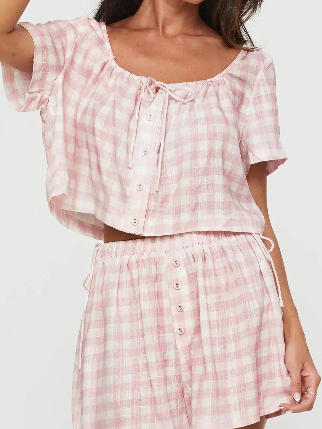 Gingham Check Top and Shorts Two-Piece Casual Set - Tigbul's Variety Fashion Shop