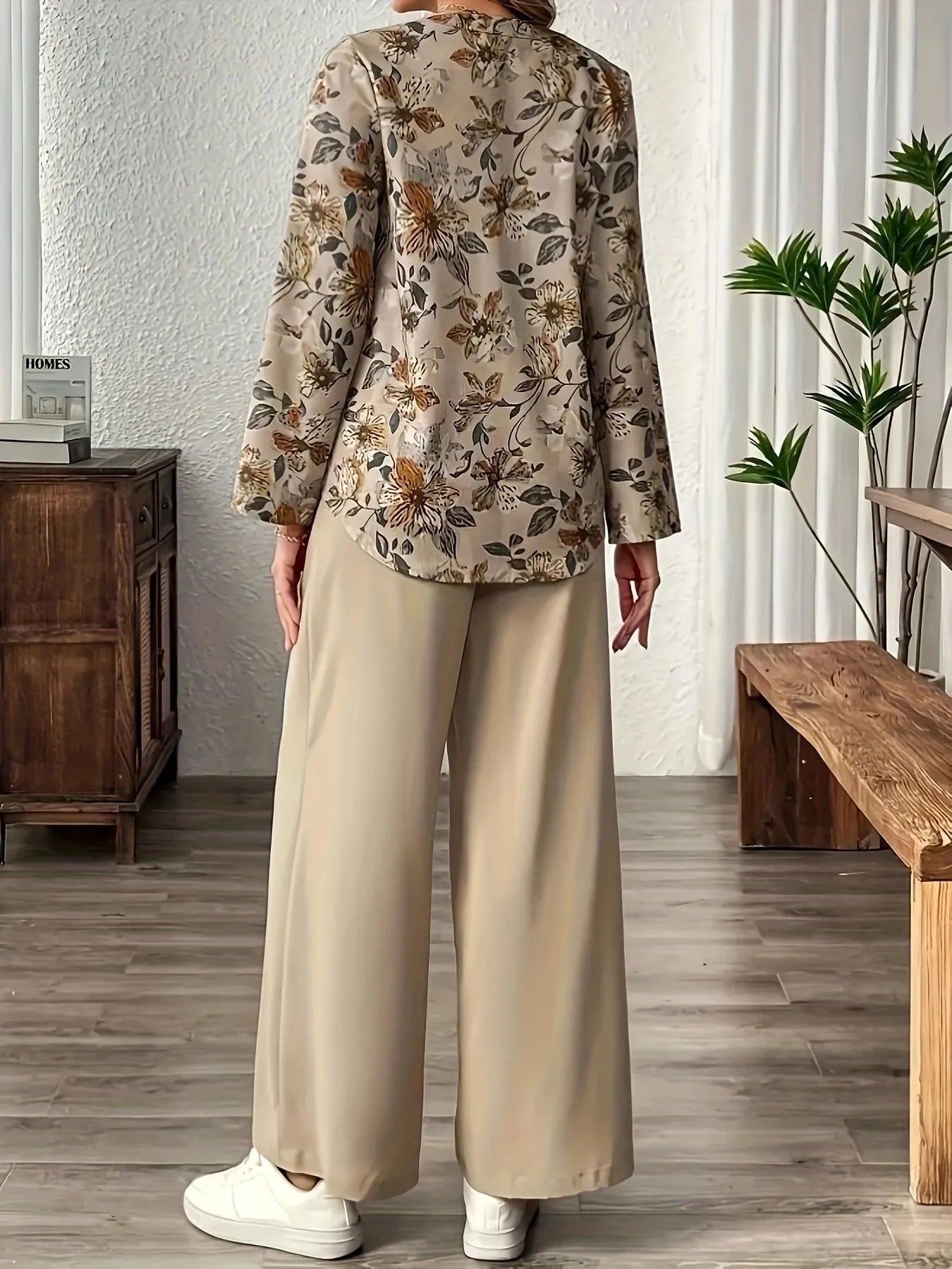 Printed Notched Long Sleeve Top and Pants Set - Tigbul's Variety Fashion Shop