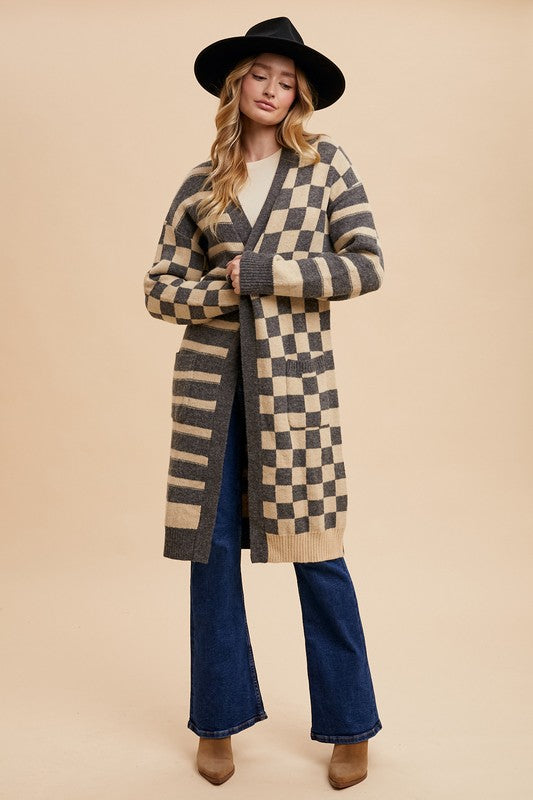 Dark Gray Checkered & Striped Open Front Long Sleeve Cardigan - Tigbul's Variety Fashion Shop