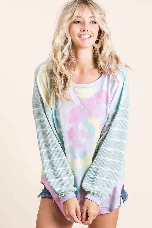 BiBi Tie Dye Terry Top with Wide Stripe Thermal Waffle - Tigbul's Variety Fashion Shop
