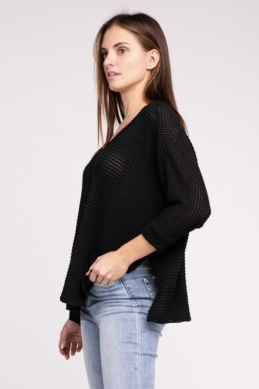 3/4 Sleeve V-Neck Hi-Low Hem Jacquard Sweater - Tigbul's Variety Fashion Shop