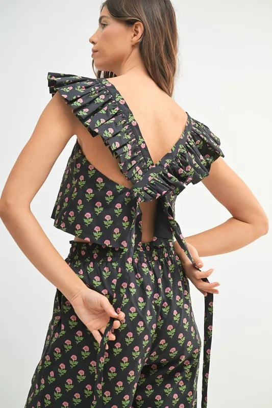 Black Floral Print Ruffle Top and Pants Set - Tigbul's Variety Fashion Shop