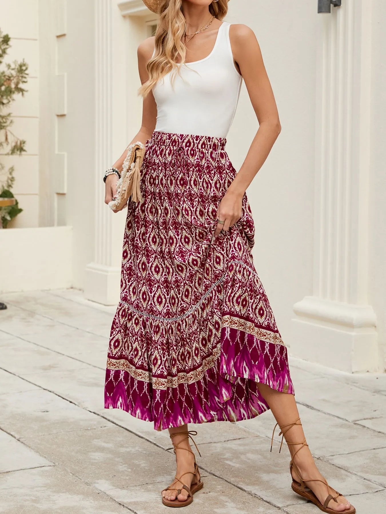 Bohemian Printed Ruched Maxi Skirt - Tigbul's Variety Fashion Shop