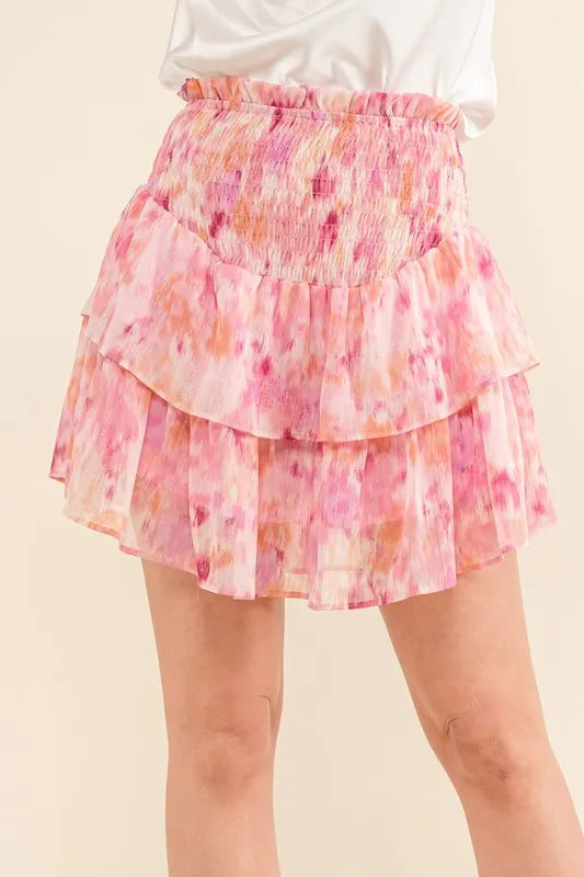Printed Lurex Smocked Waist Tiered Skort - Tigbul's Variety Fashion Shop