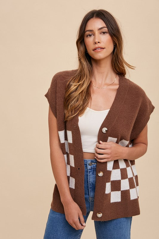 Dark Brown Checkered Button Down Short Sleeve Cardigan - Tigbul's Variety Fashion Shop