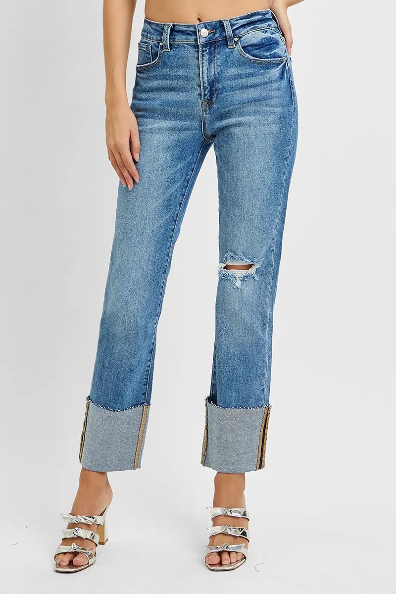RISEN Full Size High Rise Ankle Straight Wide Cuffed Jeans Plus Size - Tigbul's Variety Fashion Shop