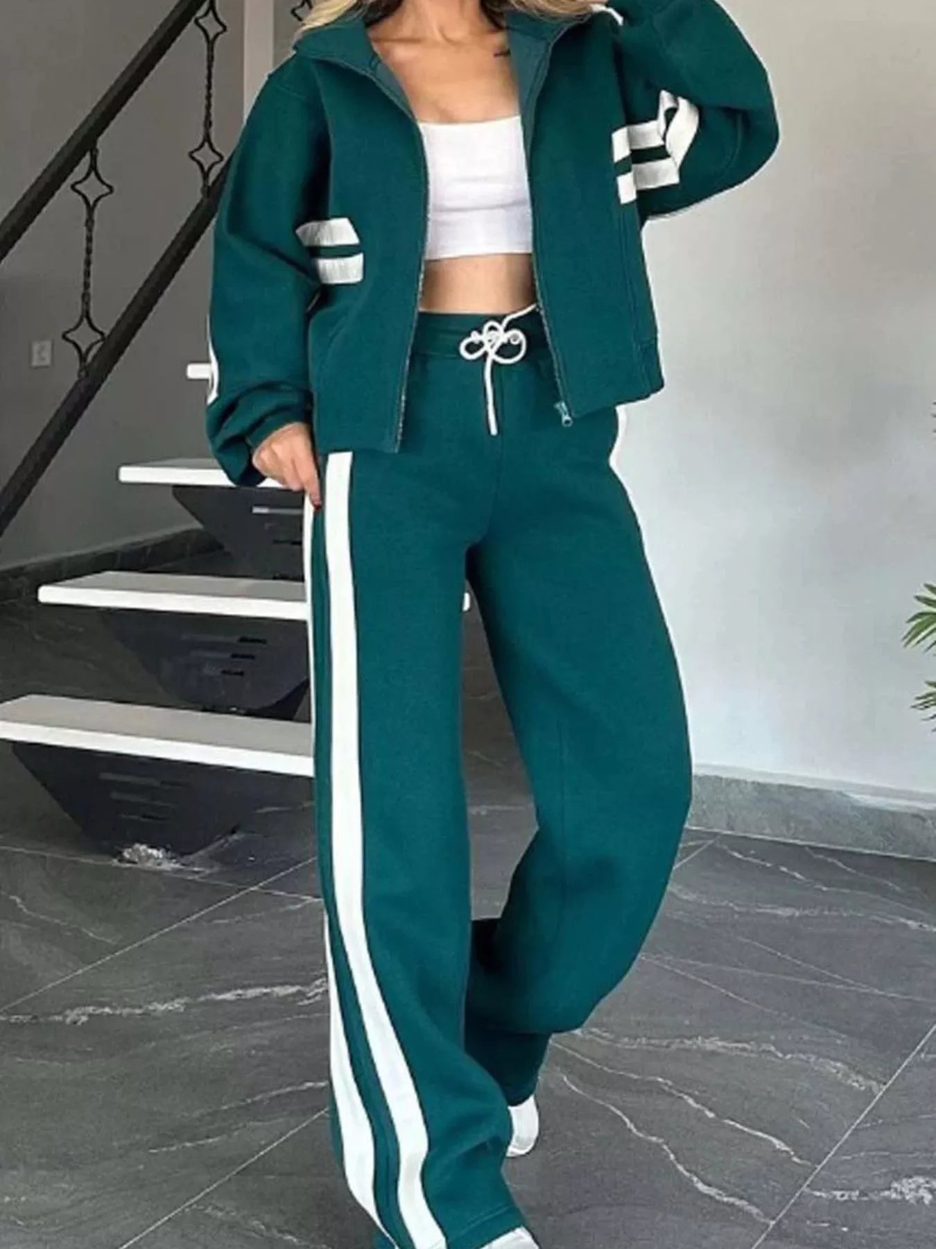 Full Size Contrast Stripe Zip Up Jacket and Pants Set Plus Size - Tigbul's Variety Fashion Shop