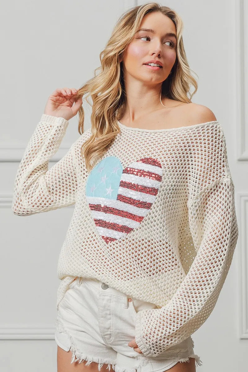 Off White Sequin American Flag Heart Knit Top - Tigbul's Variety Fashion Shop