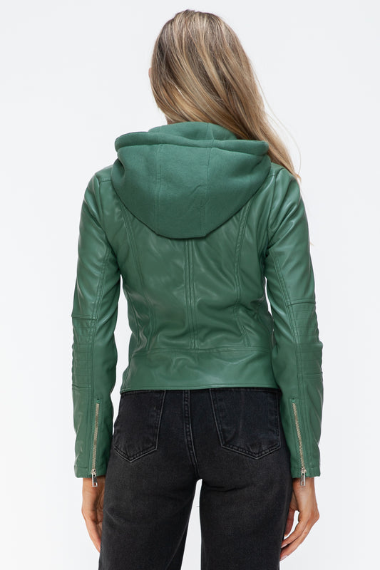 Faux Leather Zip Up Drawstring Hooded Jacket in Sage Green - Tigbul's Variety Fashion Shop