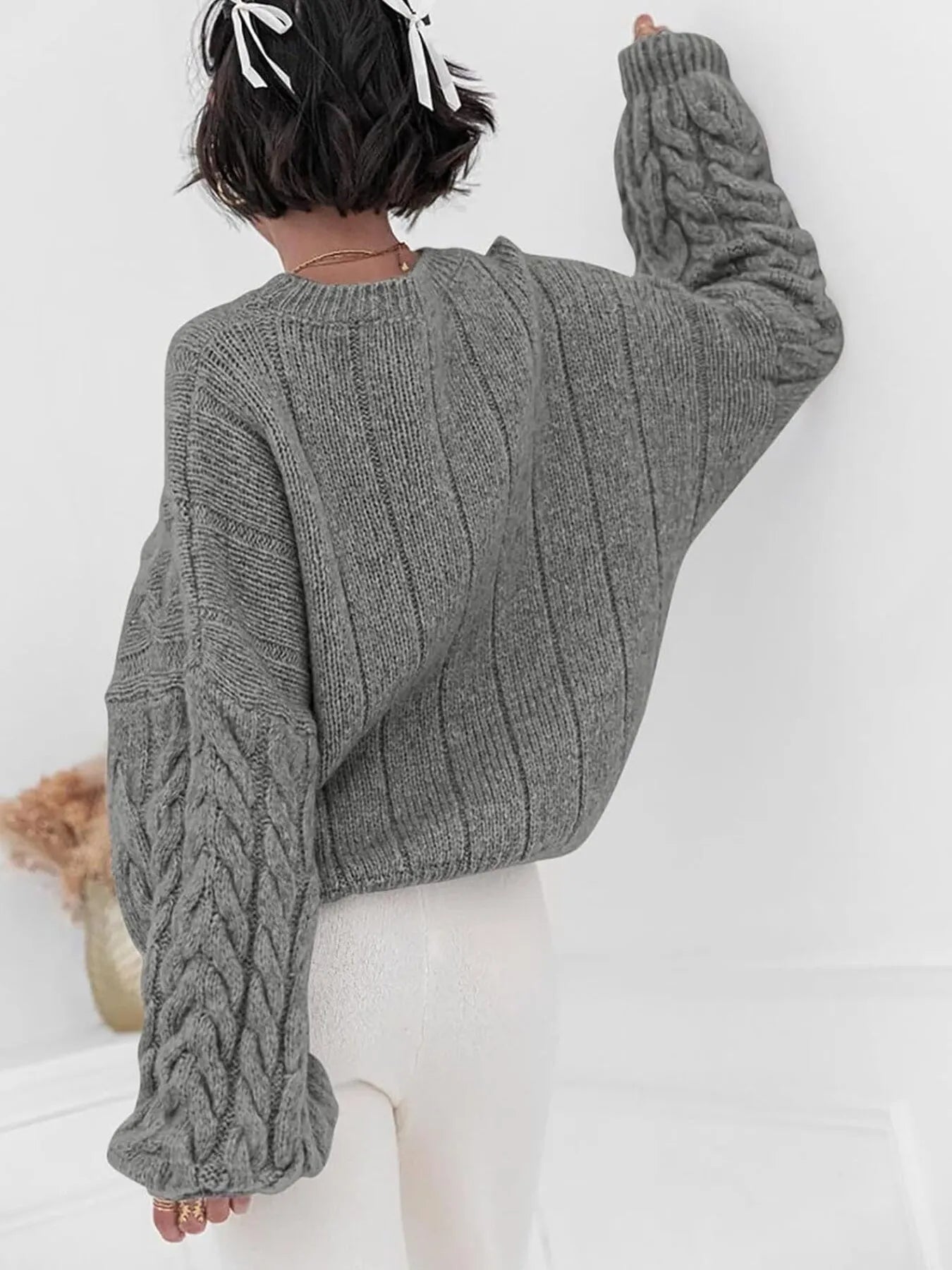 Cable Knit Long Sleeve Sweater - Tigbul's Variety Fashion Shop