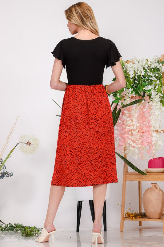 Two Tone Animal Print Flutter Sleeve Midi Dress - Tigbul's Variety Fashion Shop