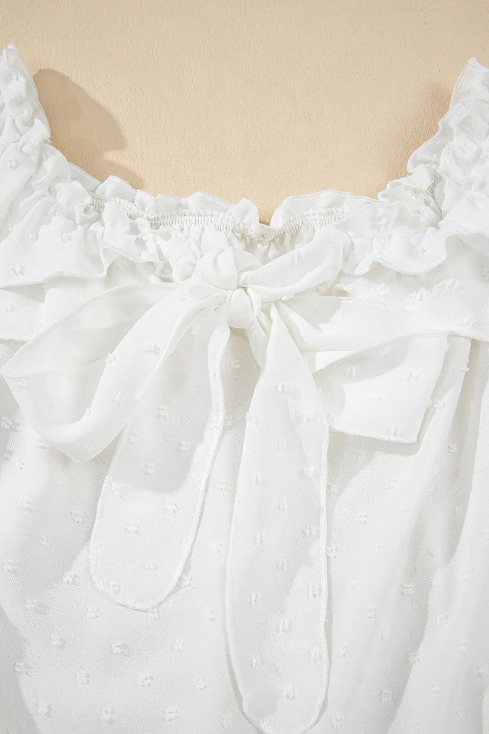 Off Shoulder Ruffle Knotted Detail Swiss Dot Blouse - Tigbul's Variety Fashion Shop
