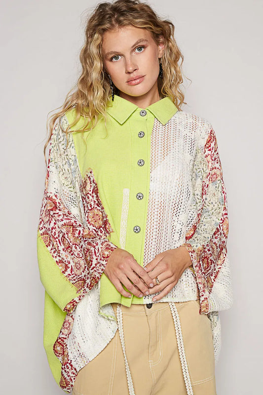 POL Thermal and Crochet Lace Mix Shirt with Floral Pattern - Tigbul's Variety Fashion Shop