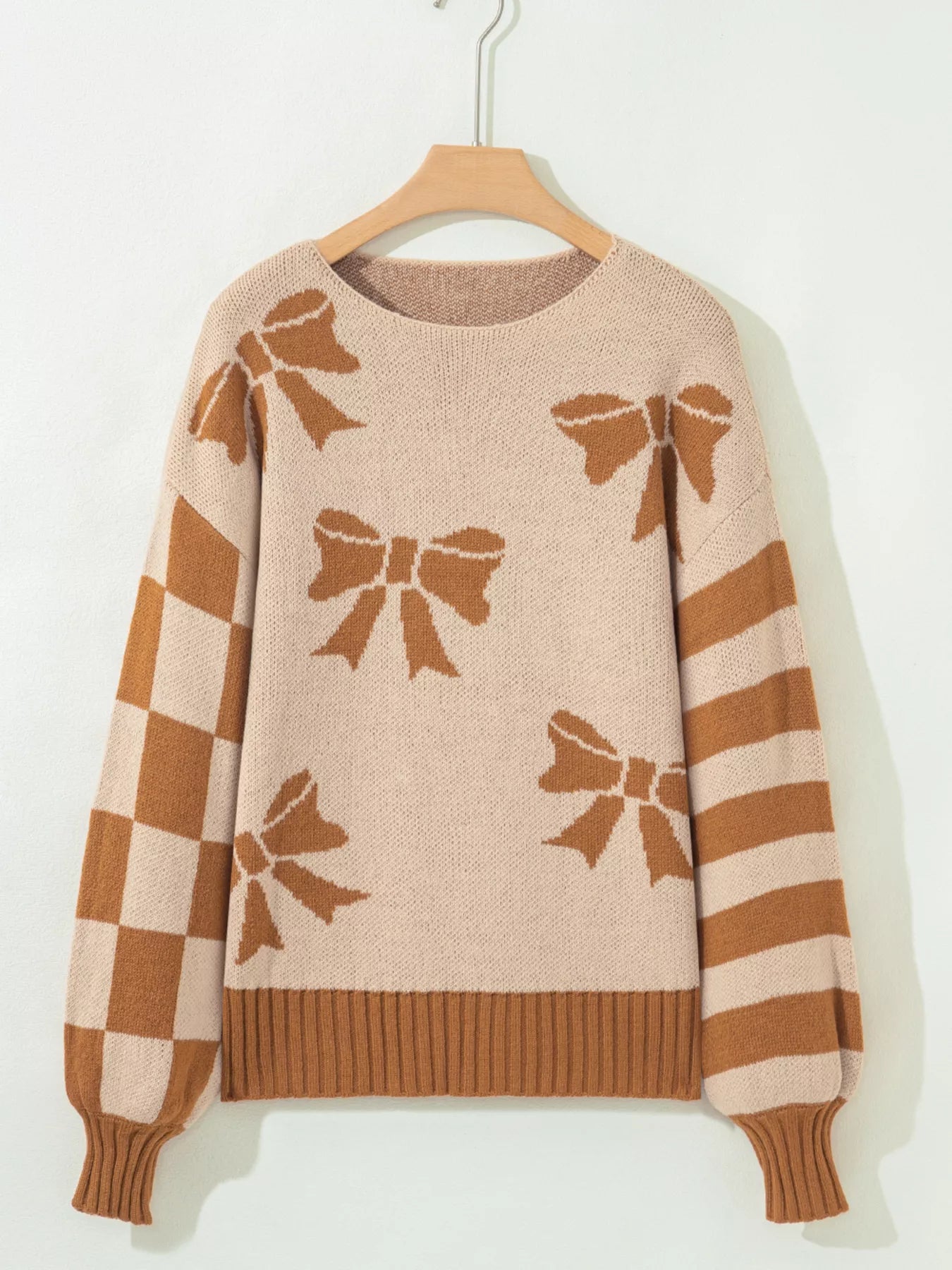 Ribbon Bow Checkered Striped Sleeve Drop Shoulder Sweater - Tigbul's Variety Fashion Shop
