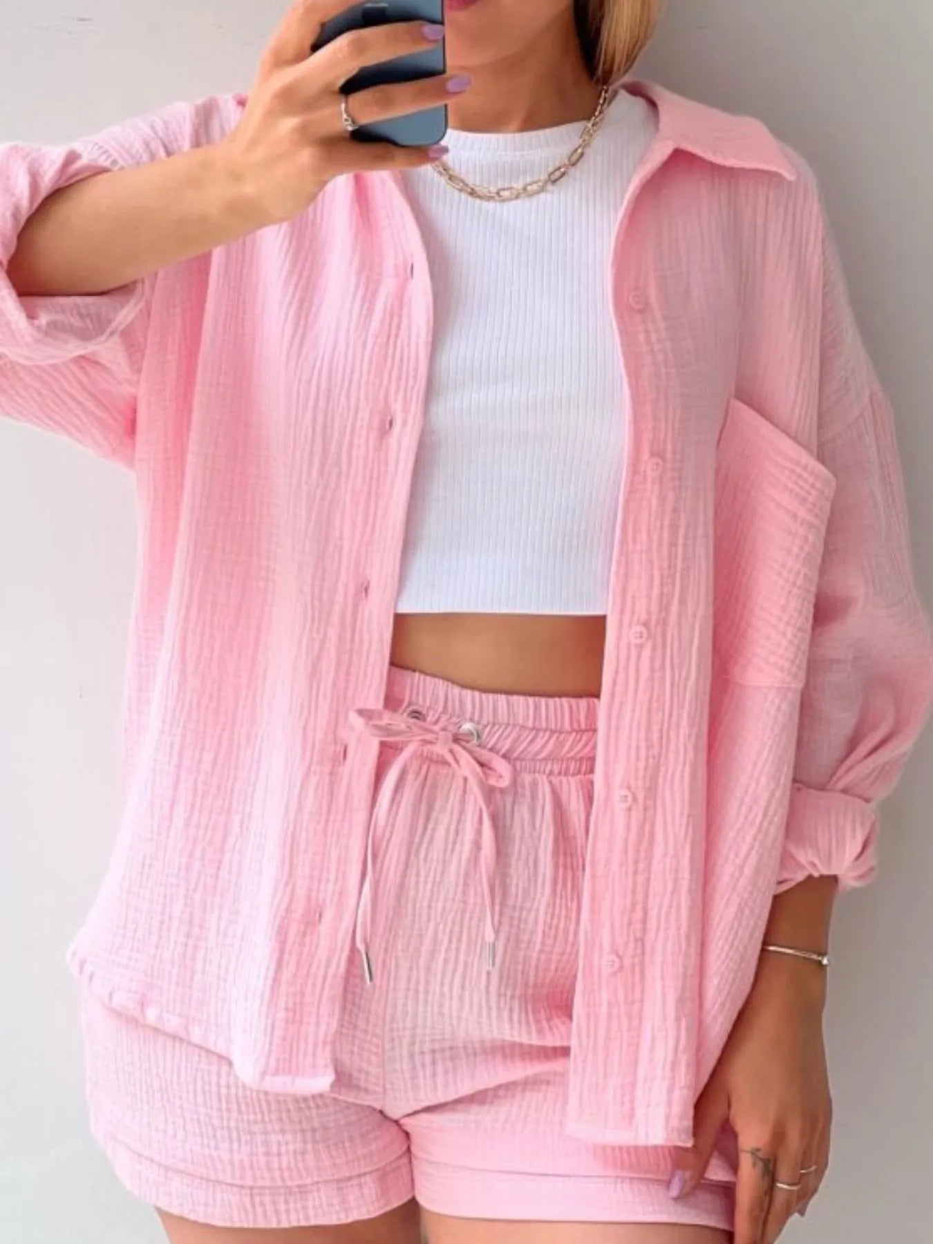 Textured Button Up Shirt and Shorts Set - Tigbul's Variety Fashion Shop