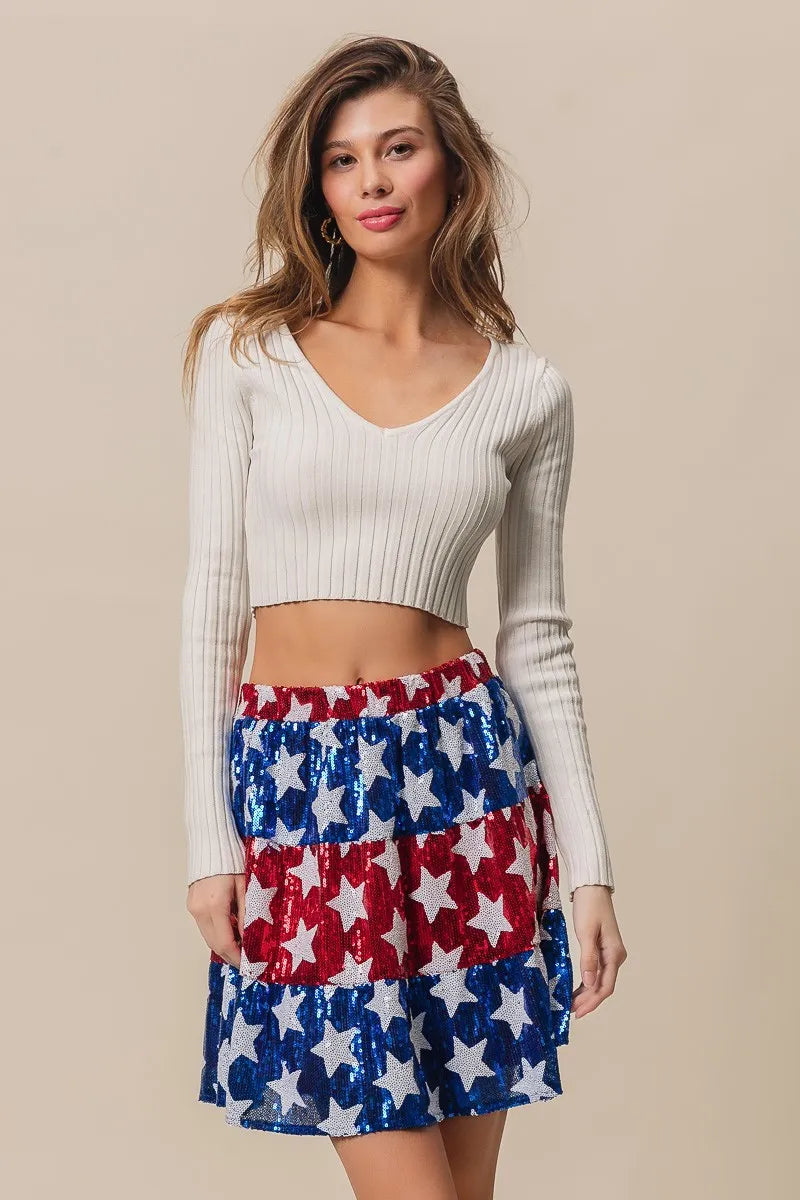 American Flag Theme Star Sequin Tiered Skirt - Tigbul's Variety Fashion Shop