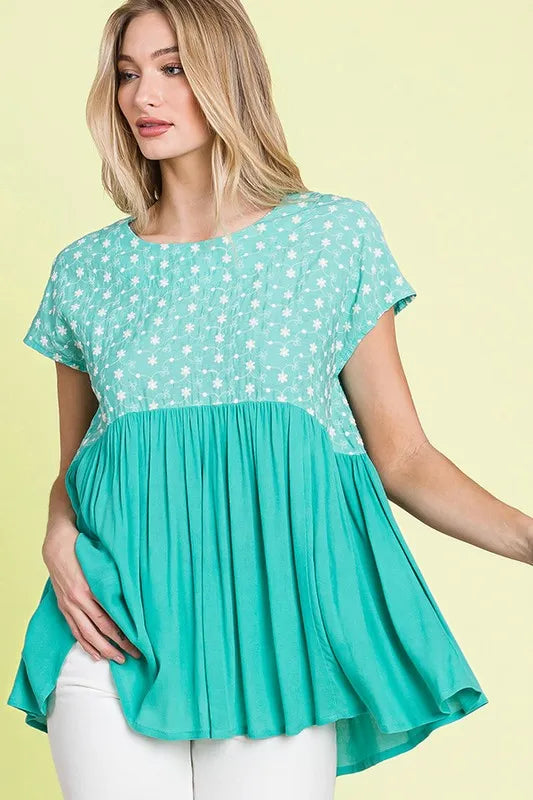Embroidered Short Sleeve Pleated Babydoll Top Plus Size - Tigbul's Variety Fashion Shop