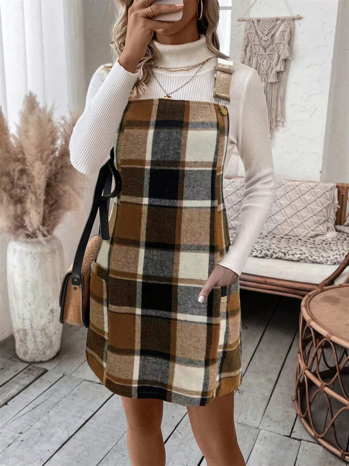 Plaid Square Neck Mini Dress - Tigbul's Variety Fashion Shop