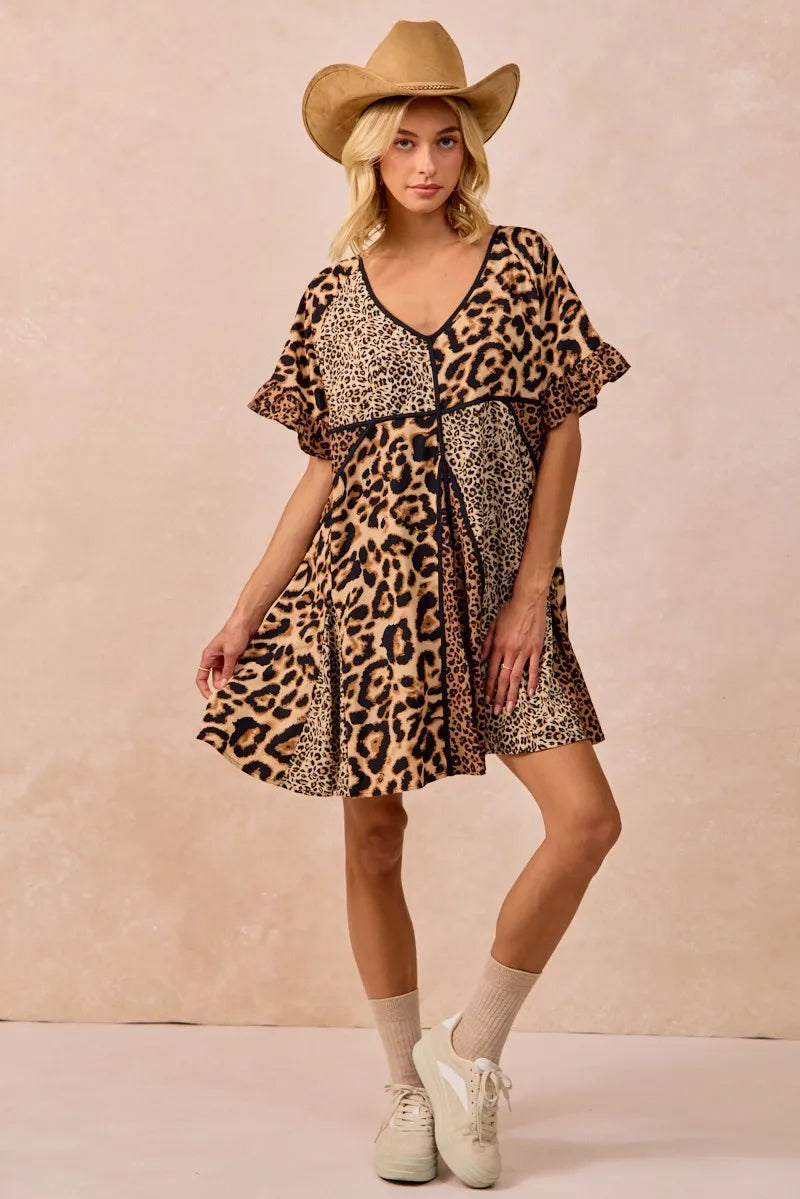 BiBi Leopard Prints Mix and Match Short Sleeves Dress - Tigbul's Variety Fashion Shop