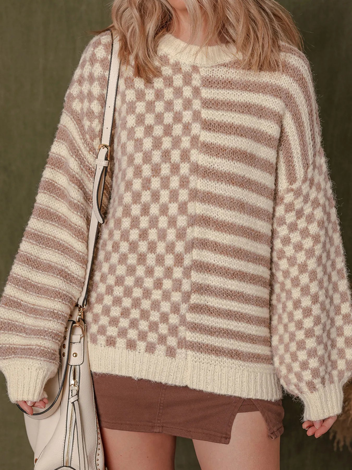 Stripe Checkerboard Drop Shoulder Balloon Sleeve Sweater - Tigbul's Variety Fashion Shop
