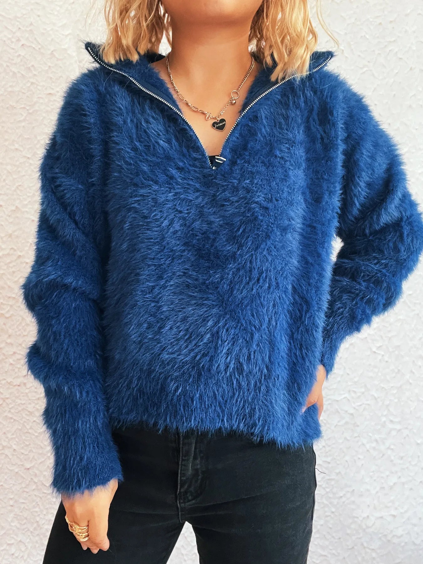 Cozy Fuzzy Half-Zip Sweater - Tigbul's Variety Fashion Shop