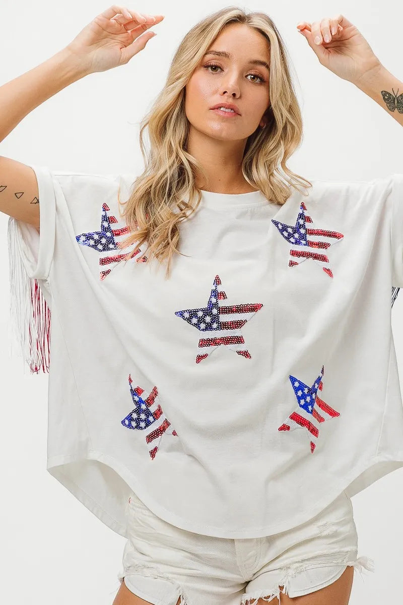 American Flag Sequin Star Fringe Top - Tigbul's Variety Fashion Shop